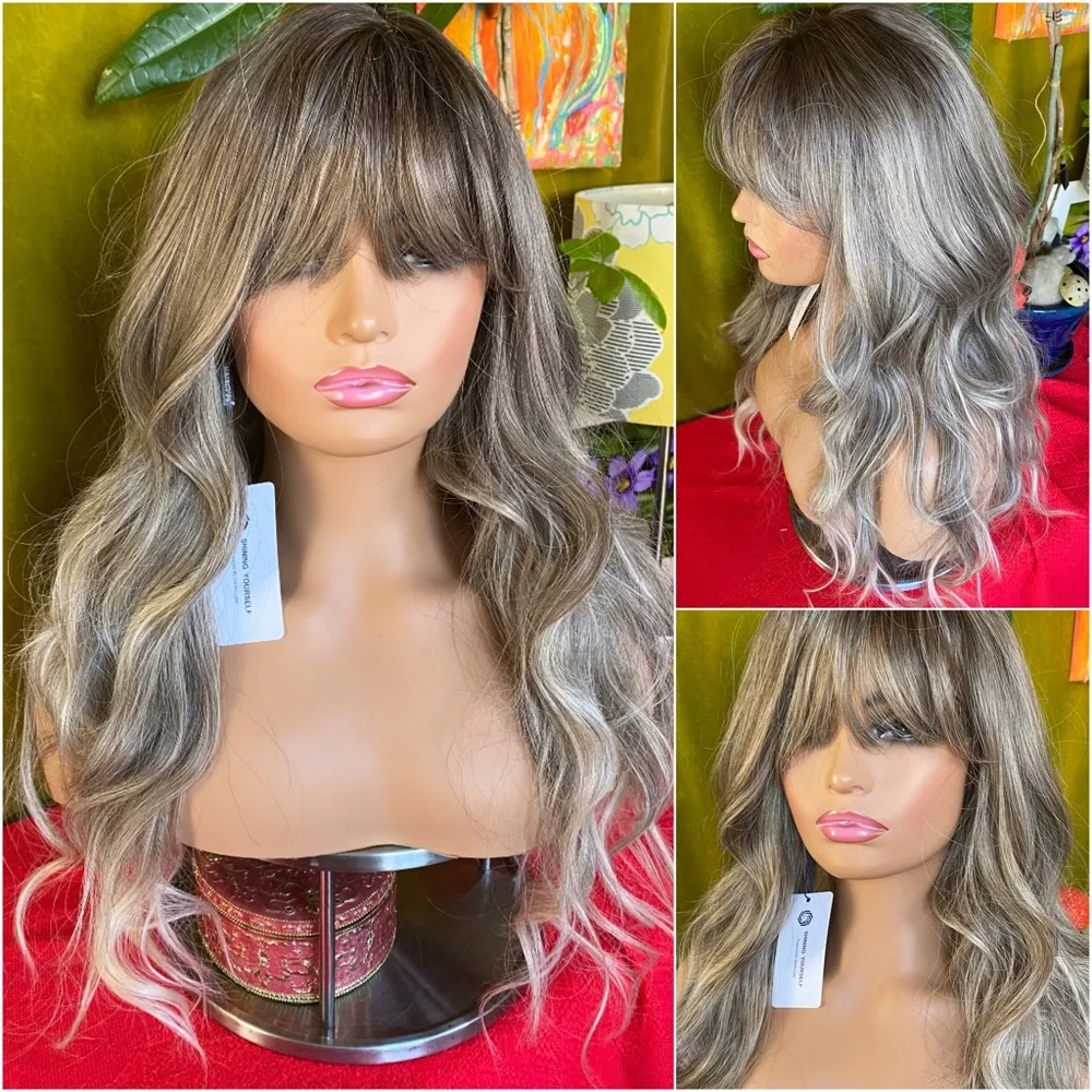 Ash tones brunette blonde wig with bangs